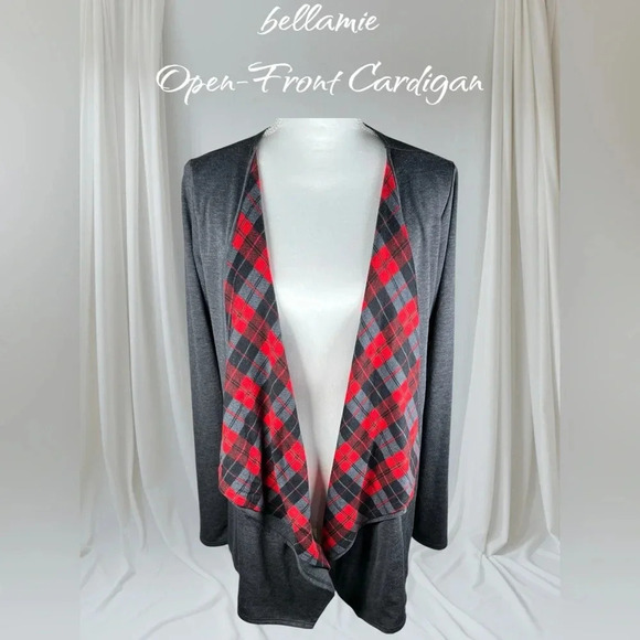 bellamie | Gray, Black & Red Plaid Open-Front Cardigan - Picture 1 of 5